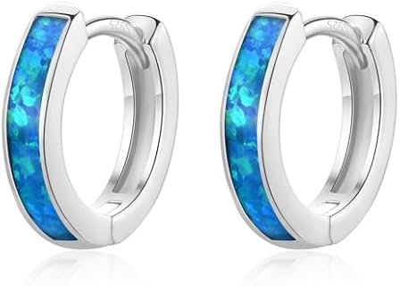 Opal Hoop Earrings for Women Girls, S925 Sterling Silver Post White Blue Pink Fire Opal Hoop Earrings Hinged Huggie Earrings Hypoallergenic for Sensitive Ears Jewelry Gift for Birthday Christmas