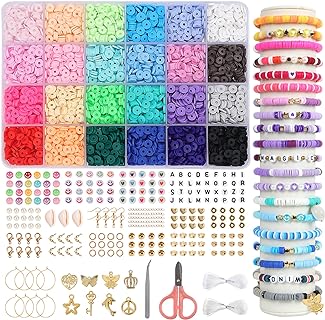 QUEFE 4500pcs Clay Heishi Beads for Bracelet Making, 24 Colors Flat Round Polymer Clay Beads 6mm Spacer Beads with Pendant Charms Kit for Jewelry Making Kit Bracelets Necklace