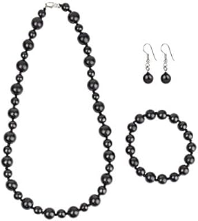 Heka Naturals Shungite Crystal Bella Necklace, Small Sphere Earrings & Stretchy Bracelet Set of 3 | Spiritual Chakra Healing Black Trendy Accessory for Protection