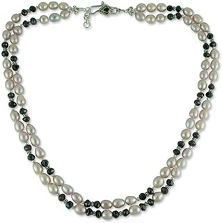 Lobster Clasp Garnet Bead Necklace with Ball Chain, Handmade in India, Sterling Silver for Women, Elegantly Graceful Rose Design