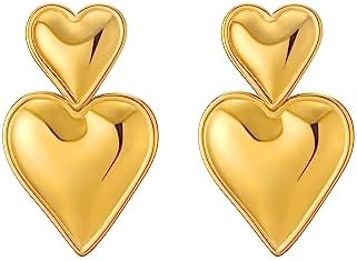 Chunky Gold-Plated Double Heart Dangle Earrings for Women by Apsvo, Push Back Drop Design in Brass