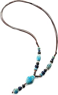COOLSTEELANDBEYOND Blue Ceramic Beads String Y-Shape Necklace, Statement Necklace, Bead Tassel
