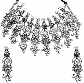 Adjustable Oxidized Silver Antique Choker Necklace & Dangle Earrings with Afghani Ghungroo Bells - Authentic Indian Tribal Statement Set for Women - Unique Bohemian Design