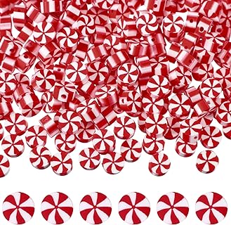 300 Pcs 10 mm Christmas Candy Polymer Clay Beads Ornaments Christmas Tree Hanging Peppermint DIY Crafts Bead for Jewelry Making Earring Bracelet Necklace Craft for Party Supplies (White, Red)