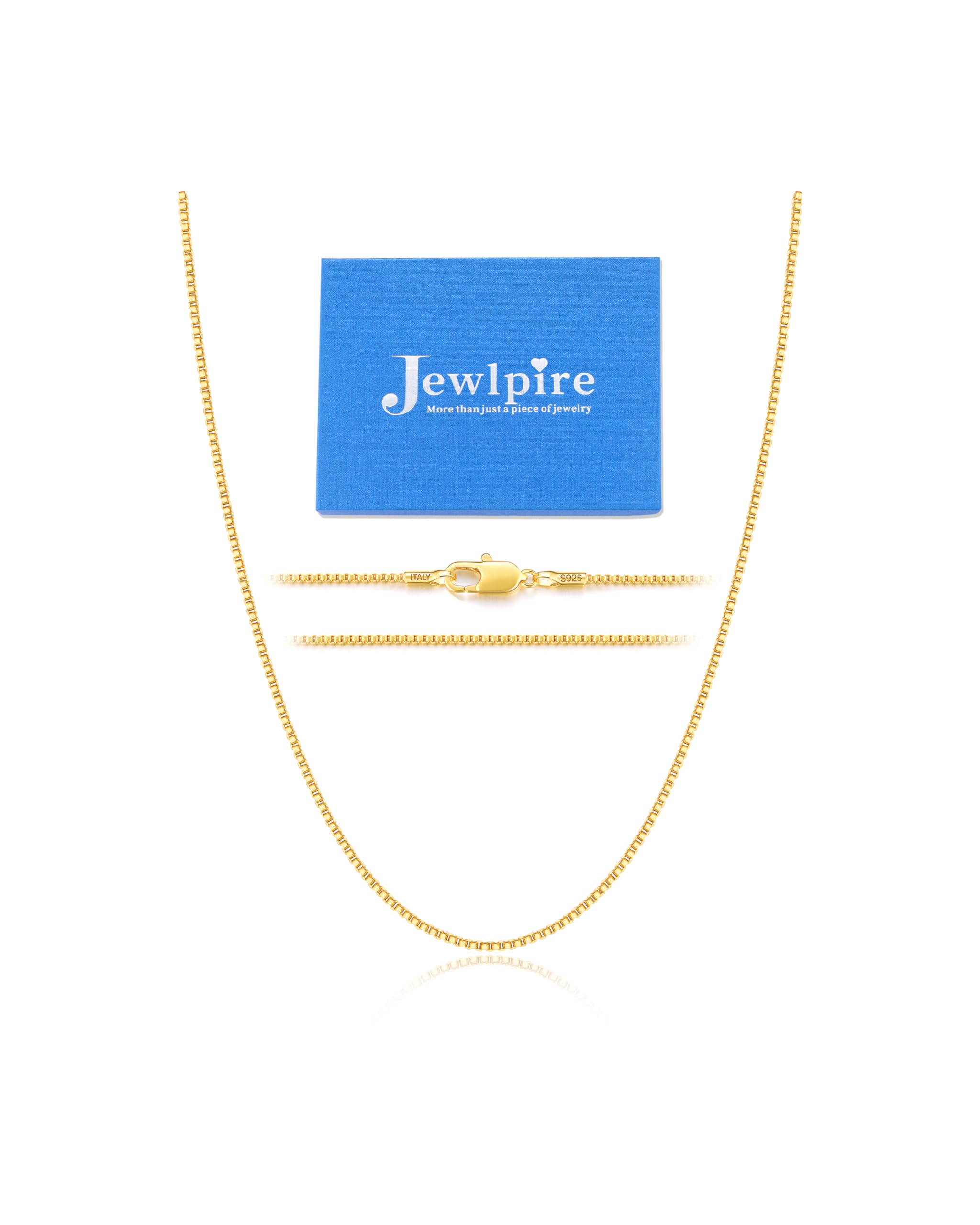 Jewlpire Italian Soild 22K Real Gold Over 925 Sterling Silver Chain Necklace for Women Girls, 1.3mm Hypoallergenic Box Chain Thin & Sturdy Women's Chain Necklaces 14/16/18/20/22/24/26 Inch