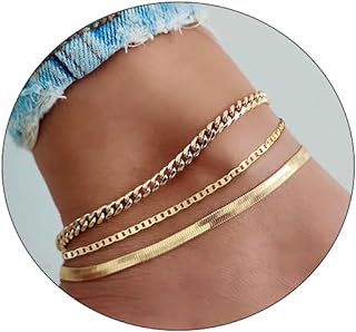 CAROVO Ankle Bracelets for Women, 14K Gold Plated/Silver Plated Waterproof Layered Cuban Anklets Evil Eye CZ Ankle Bracelets for Women Girls Summer Jewelry Gifts