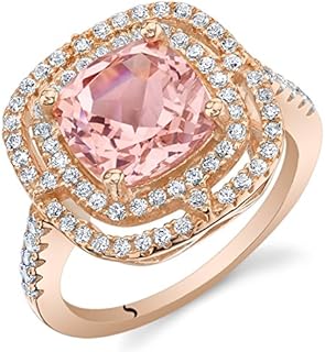 Cushion Cut Simulated Morganite Engagement Ring, Rose-Tone Sterling Silver by PEORA, Comfort Fit for Women, Double Halo Design, Sizes 5 to 9