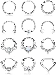 YADOCA 12pcs 16G Septum Rings for Women Men Hypoallergenic Surgical Steel Nose Piercings Jewelry Clicker Hinged Tragus Hoop Earrings CZ Love Nose Ring 8-10mm
