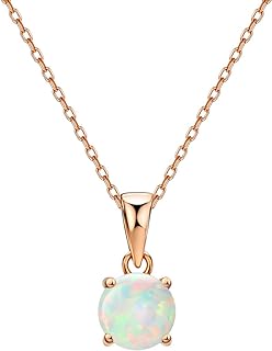 Rose Gold Plated Opal Pendant Necklace 4 Prongs Setting Sterling Silver Round Cut Dainty Stacking Layering Necklace