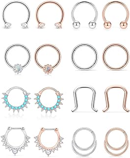 Vsnnsns 16G Septum Jewelry Septum Ring Piercing Jewelry Opal Septum Clicker Ring and Horseshoe Barbell Stainless Steel Septum Nose Rings Hoop Piercing Jewelry Retainer for Men Women 10mm 16pcs