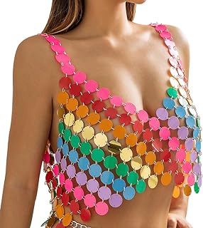 Women Sequin Skirt See Through Crop Top Glitter Strappy Bra Tanks Hollow Out Swimsuit Wrap Bikini Cover Up Body Chain