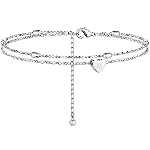 Moodear Silver Ankle Bracelets for Women, Sterling Silver Initial Anklet Layered Dainty Tiny Heart Charm Handmade Carved Alphabet A-Z Letter Ankle Bracelet Beaded Foot Chain Personalized Name Anklets Summer Cute Boho Beach Gift for Her