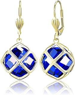 Lever Back Blue Austrian Crystal Dangle Earrings,14MM For Women, Gold-Plated Copper