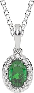 Genuine 10K White Gold Birthstone Pendant Diamond Halo - Elegant 7x5mm Gemstone Oval Pendant Necklace with 18" Chain and Spring Ring Lock for Women and Girls