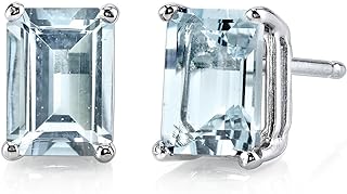 Peora Solid 14K White Gold Blue Aquamarine Earrings for Women, Genuine Gemstone Birthstone Solitaire Studs, 7x5mm Emerald Cut, 1.75 Carats total, Friction Back
