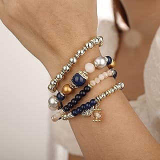 YERTTER 4pcs Bohemian Layered Glass Beaded Leaf Pendant Bracelet Beach Charm Bracelet Set Crystal Stone Stackable Ethnic Bracelets Vacation Beach Accessories for Women Girls