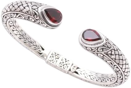 NOVICA Artisan Handcrafted Garnet Cuff Bracelet Sterling Silver Indonesia Birthstone [6 in L (end to End) x 0.4 in W] ' Fiery Glimpse'
