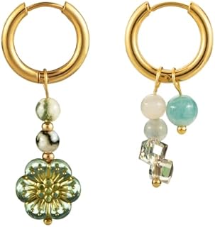 Trendy Small Huggie Hoop Earrings for Women, Stainless Steel Handmade Asymmetrical Earrings, Flower Natural Stone Beaded Bar Dangle Hoop Earrings