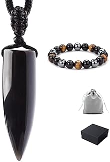 Natural Bullet Shaped Black Obsidian Healing Crystal Pendant Necklace+8mm Triple Protection Hematite Therapy Bracele for Women&man | for Grounding, Shielding, Protection, Cleansing, Balancing Chakra Handmade with Ethically Sourced Raw Natural Pure Gemstones