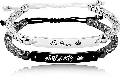 Handcrafted Hematite Beaded Name Bracelets with Stainless Steel Bead Chain for Men, Women, and Couples - Gear Design - Personalized Engravings