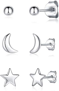 Bestwick Silver Stud Earrings for Women Girls Teens, 3 Pairs 925 Sterling Silver Cute Round Ball Star Moon Stud Earring, Hypoallergenic Small Cartilage Tragus Stud Earring Set in Silver/Gold/Rose Gold