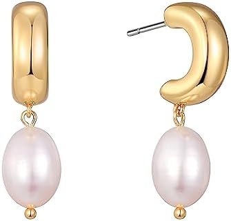 Women's XYJZXY 18K Gold Freshwater Pearl Drop Dangle Earrings with Brass Push-Back, Hoop Design