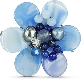 Vintage Handcrafted Jade Daisy Flower Brooch with Pin Clasp, Comprised of Pearls, Crystals and Blue Agate Gem for Women - Floral Design