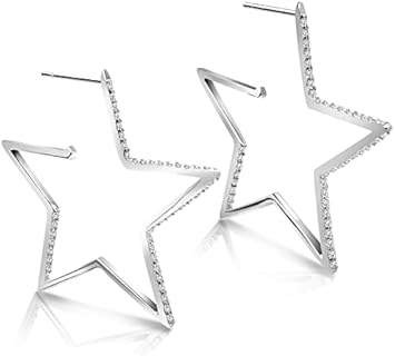 Sterling Silver Hoop Earrings for Women, Star Earrings 35MM Big Loop 925 Sterling Silver Hoops Hypoallergenic Earrings Dangle Cubic Zirconia Diamond Hoops Jewelry Gifts