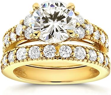Kobelli Art Deco Moissanite Bridal Rings Set 3 CTW 14k Yellow Gold