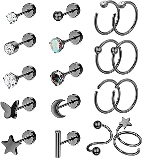 LOLIAS Women's Black Titanium Stud Earrings with Push-Back Finding, Hoop Design & Zircon Gem, 18-Piece Set