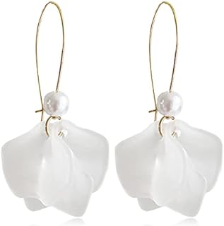 French Wire Clasp White Flower Drop Earrings - Boho Rose Petal Dangle Design with Alloy Chain - Exaggerated Floral Tassel Jewelry for Women and Girls