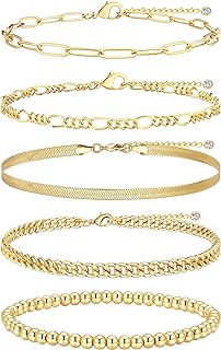 Lobster Clasp 14K Gold-Plated Brass Bangle Bracelets Stack- Figaro Chain Design for Women