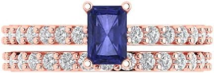 Clara Pucci 1.41ct Emerald Cut Solitaire Genuine Simulated Tanzanite Engagement Promise Anniversary Bridal Ring Band set 18K Rose Gold