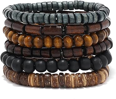 Unisex Choistily Cuff with Wooden & Obsidian Bead Layered Design, Spring Ring Clasp on Bead Chain