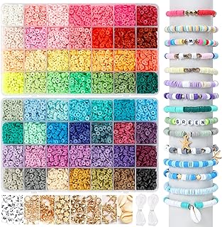 QUEFE 14420pcs Beads for Bracelet Making Kit, 56 Colors Spacer Heishi Beads Flat Round Polymer Clay Beads with Pendant Charms Kits and Elastic Strings