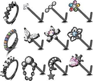 Drperfect 12PCS 20G Nose Rings Studs Stainless Steel Nose Rings Hoop for Women Men Paved CZ Butterfly Flower Nose Nostril Piercing Jewelry L Shaped Nose Ring Stud Set
