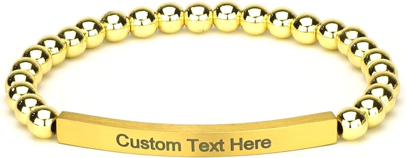 Personalized Bracelets for Women Men Couple,18K Gold Plated Stainless Steel Bar Custom Engraved Name Message Quotes Natural Gemstone Beaded Stretch Bracelet
