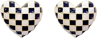 Checker Heart Stud Earrings for Women Girls Unique Temperament Enamel Black White Striped Checkerboard Lightweight Small Earrings for Minimalist Valentines Day Birthday Anniversary Fashion Jewelry Gifts