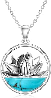 925 Sterling Silver Lotus Pendant Necklace with Cable Chain & Genuine Blue Turquoise, Ideal Gift for Women, Lotus Flower Design