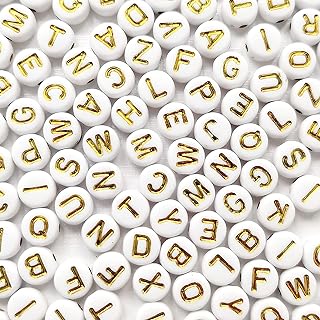 Amaney 1000 Pieces 7×4mm White Round Acrylic with Gold Alphabet Letter Beads for Jewelry Making Bracelets Necklaces Key Chains