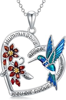 LONAGO Hummingbird Necklace Silver, Hummingbird Heart Pendant with Red Bell Flower Hummingbirds Gifts for Women Girls