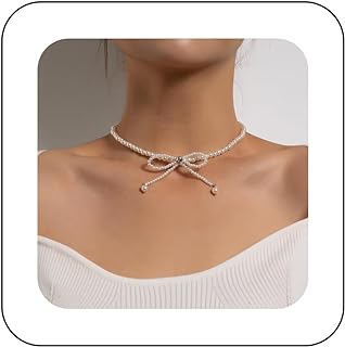 Boho Pearl Choker Necklace Gold Bow Pearl Chain Necklace Vintage White Pearl Beaded Necklace Wedding Pearl Crystal Bow Necklace Jewelry for Women and Girls