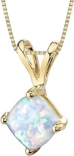 PEORA 14K Yellow Gold Created White Opal Pendant for Women, Classic Solitaire, Cushion Cut, 6mm