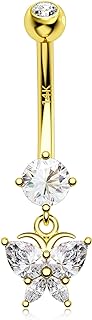 Melighting Gold Belly Rings 14K Solid Gold Butterfly Belly Button Rings for Women Gold Dangle Belly Piercing Clear CZ Gold Navel Rings for Woman Body Piercing Jewelry