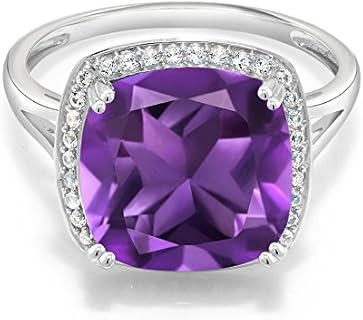 Elegant Cushion-Cut Purple Amethyst and White Created Sapphire Engagement Ring in 10k White Gold for Women, Available in Sizes 5-9