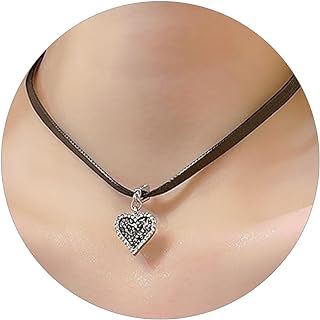 Leather Cord Black Heart Necklace with Sparkling Zirconia Pendant for Women, Vintage Design