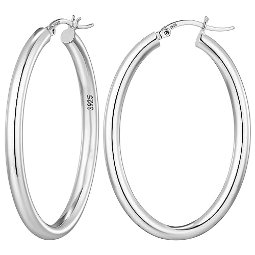 PRETOLE 925 Sterling Silver Hoop Earrings, Thick Oval Chunky Silver Hoop Earrings Hollow Tube Thick Silver Hoop Earrings Hypoallergenic Lightweight Large Silver Chunky Hoop Earrings for Women 30-50MM