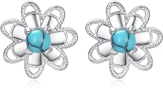Elegant Sterling Silver Turquoise Flower Stud Earrings with Secure Push-Back Design for Women and Girls by TANGPOET