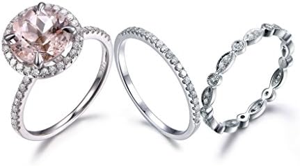 3pcs Morganite Halo Ring Sets,8mm Round Cut Peach Pink Stone Diamond Stackaing Band Set 14k White Gold