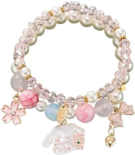 Sanrio Elastic Bead Chain Bracelet with Crystal Beads Pearl - Unique Cartoon Design Adjustable Metal Bracelet for Women and Girls - Adorable Kawaii Gift for Graduations, Anniversaries, and More
